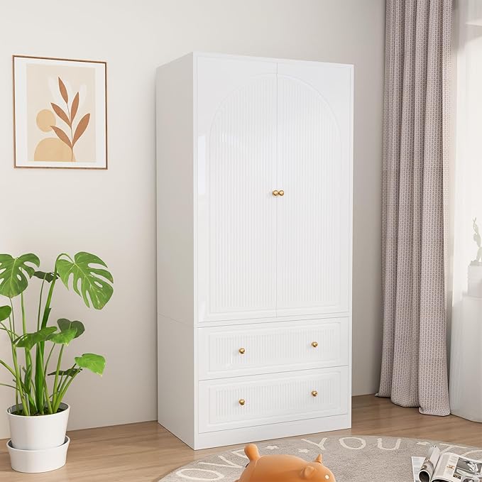 Wardrobe Closet with 4 Door & 4 Drawers, 71" White Bedroom Wooden Armoire with Hanging Rod, Freestanding Large Capacity Clothing Wardrobe Cabinet w/Gold Handles for Bedroom