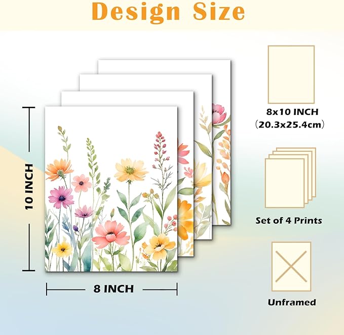 JINYO Watercolor Spring Flower Wall Art Prints Set of 4, Spring Wall Decor, Cottagecore Colorful Wildflower Floral Botanical Wall Decor Posters Pictures for Home Bedroom Living Room, 8x10 Unframed