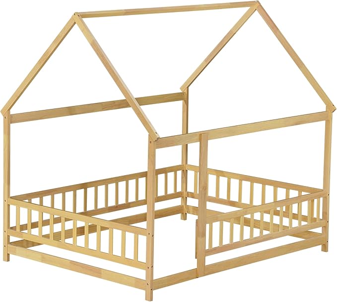 Ball & Cast Full Size Floor Bed,Montessori Bed with Roof & Safety Guardrails Design,Wooden Toddler House Bed Frame W/Open Door,for Girls Boys,Natural
