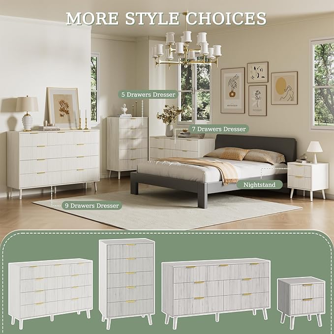 LYNSOM 55" Wide Fluted Dresser for Bedroom with 6 Drawer, Modern Chest of Drawers with Curved Profile Design and Metal Handles, Wood Dresser TV Stand & Storage Organizer for Living Room, White