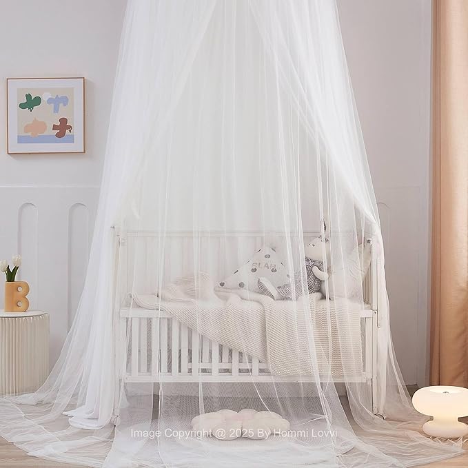 Double Layers Bed Canopy with Star Lights, 3 Pieces Layers Canopy for Girls Bed, Princess Round Dome Dreamy Play Tent, Hanging Kids Reading Nook Mosquito Net, Machine Washable - White
