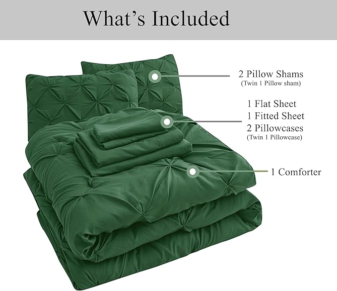 LANE LINEN Queen Comforter Set - 7 Pieces Pintuck Bed in A Bag, Queen Bed Set with Comforters, Sheets, Pillowcases & Shams, Bedding Set - Olive Green