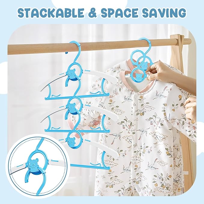 50 Pack Kids Hangers for Nursery Closet, Adjustable Non-Slip Toddler Baby Hangers with Windproof Buckle, 11-14" Infant Child Plastic Clothes Pant Hanger for Boys Girls Newborn Adult, Blue