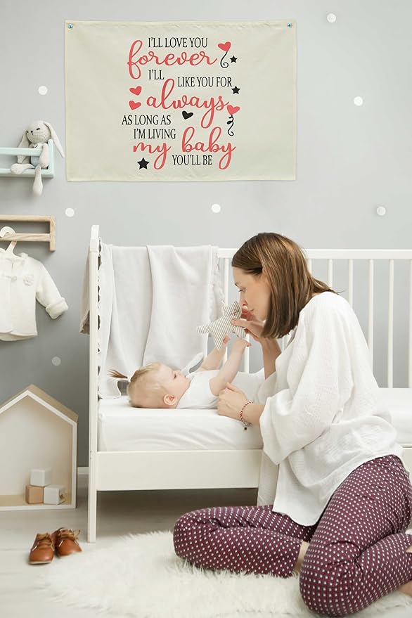 I’ll Love You Forever Kids Nursery Canvas Banner Wall Decor-Baby Room Bedroom Kindergarten Reading Room Playroom Wall Decorations-Baby,Shower Baptism Gift-Rectangular Banner Flag