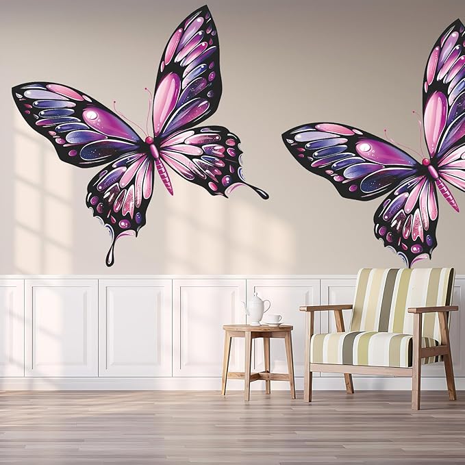 Large Colorful Butterfly Wall Decals for Kids Bedroom Pink & Purple Butterfly Wall Stickers, Removable Peel and Stick Wall Art Murals for Girls & Boys Room, Playroom, Living Room