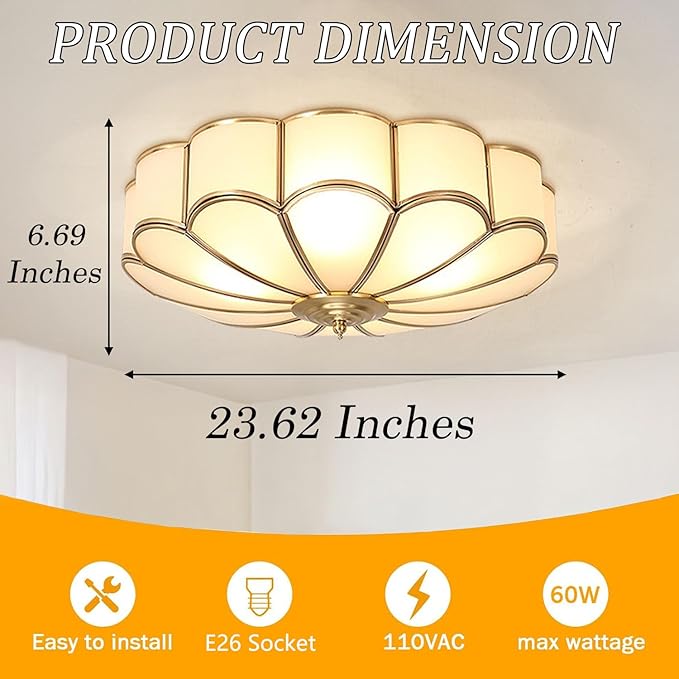MIXL- Mid Century Brass Flush Mount Ceiling Light,LED Antique Brass Light Fixture, Modern Frosted Glass Ceiling Lamps for Living Room, Close to Ceiling Light Decorative for Bedroom(23.62" W)
