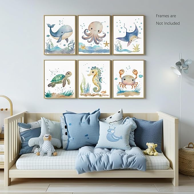 Wodkwq Nursery Wall Art Sea Animal Canvas Prints Baby Girl Boy Room Decor Watercolor Paintings Pictures Cute Ocean Theme Toddler Room Decoration Set of 6 for Kids Bedroom Bathroom 8x10in Unframed