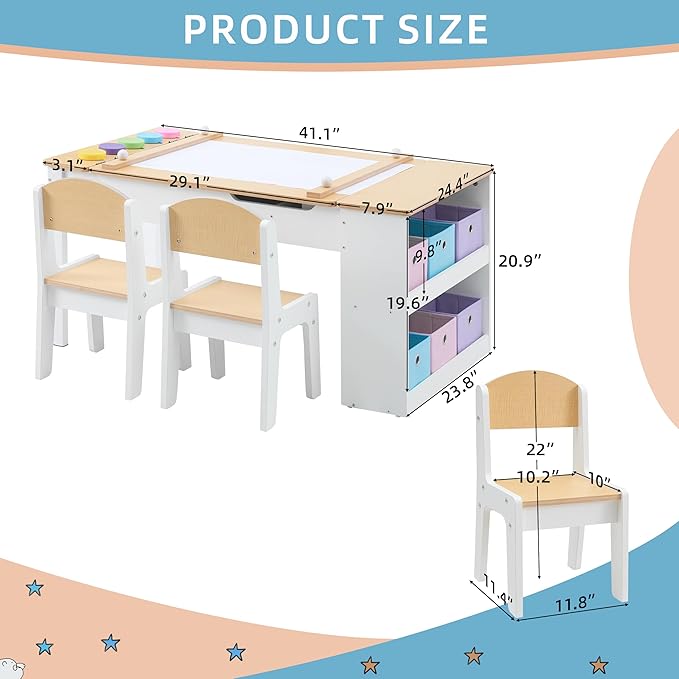 Kids Art Table and Art Easel Table & 2 Chair Set, 2 in 1 Toddler Craft and Play Wood Activity Table with Storage Bins and Paper Roll (Natural & White)