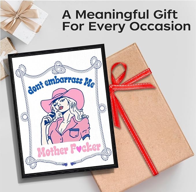 Cowgirl Wall Art, dont embarrass me, western wall decor, matte framed canvas print, adult humor poster, for bar game room gift, 12x15 inch