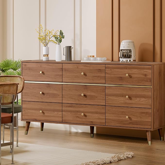 9 Drawer Dresser,63" Wide Mid Century Modern Chest of Drawers,Wooden Bedroom Drawer Dresser with 9 Storage Drawers for Bedroom, Living Room,with Anti-Tipping Device,Tan