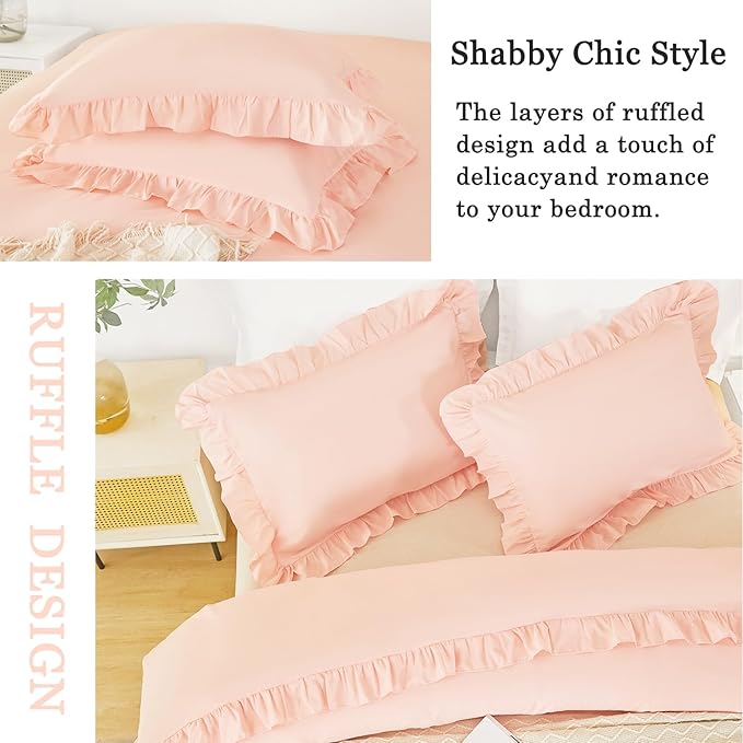 Girls Ruffled Cover Set Queen 3 Pieces Peach Pink Bedding Duvet Cover Sets Shabby Chic Ruffle Duvet Cover Set for Kids with 1 Comforter Cover 2 Pillowcases(Peach Pink, Queen)