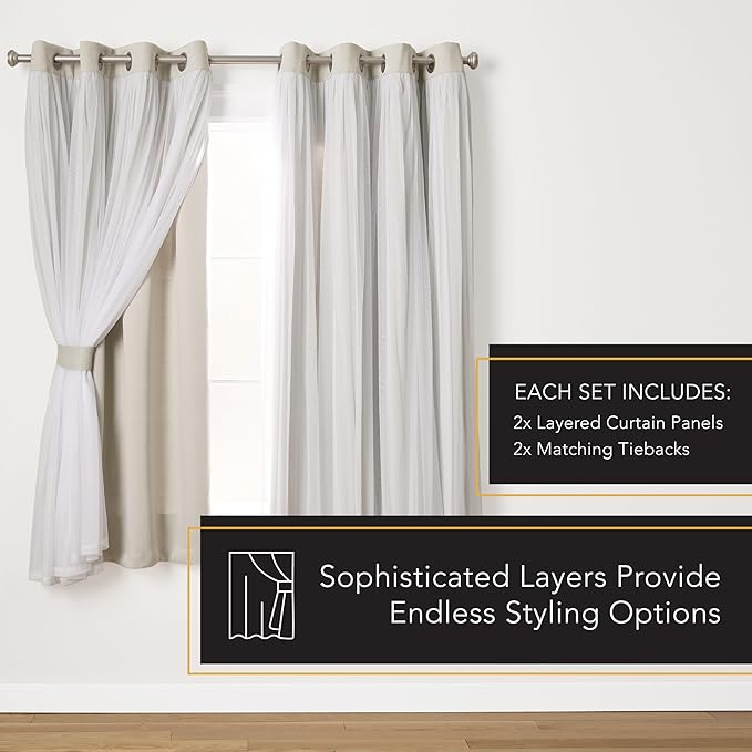 TOWN & COUNTRY LUXE Talia Double Layer Indoor Curtains, Sheer and Room Darkening Blackout, Grommet Top, Energy Efficient, 2-Pack Set, 52"x63", Cloud Grey
