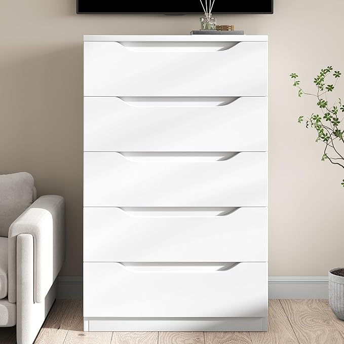 White Tall 5 Drawer Dresser for Bedroom with Hidden Storage Design, Large Modern Closet Dressers & Chests of Drawers with Cut-Out Handles, 27.6" L*15.8" W*45.3" H for Bedroom, Living Room, Nursery