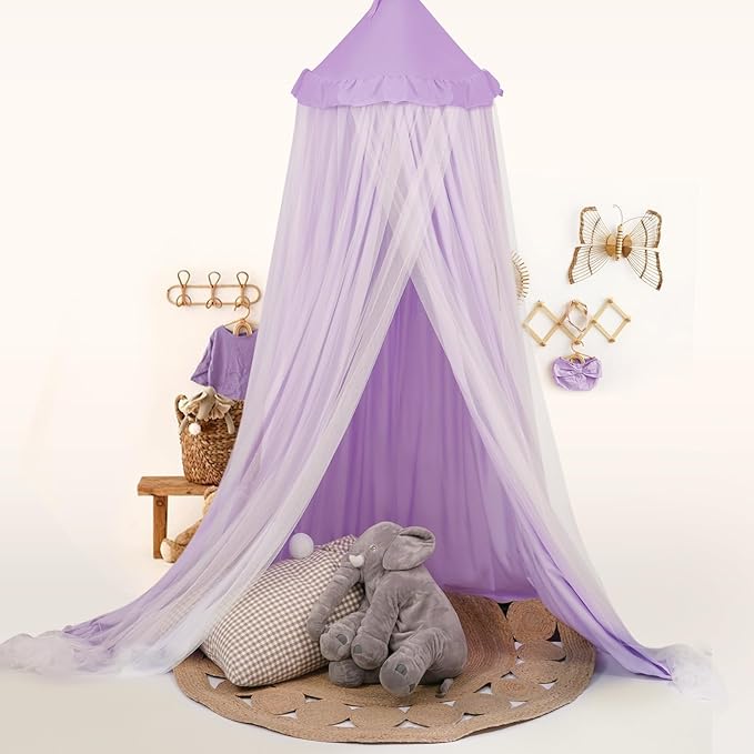Bed Canopy with Star Lights, Double Layer Canopy for Bed, Princess Play Tent for Girls Room, Breathable Canopy Bed Curtain for Children Reading Nook, Machine Washable Canopy, 25.6''x106'', Purple
