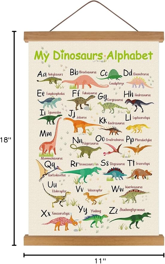 KARINE Dinosaurs Alphabet Poster,Animal ABC Learning Wall Art with Magnetic Hanging Frame(14”X22”) A TO Z Educational Poster,Dinosaur Alphabet Chart Hanger Gift for Kids Boys Playroom Classroom Decor