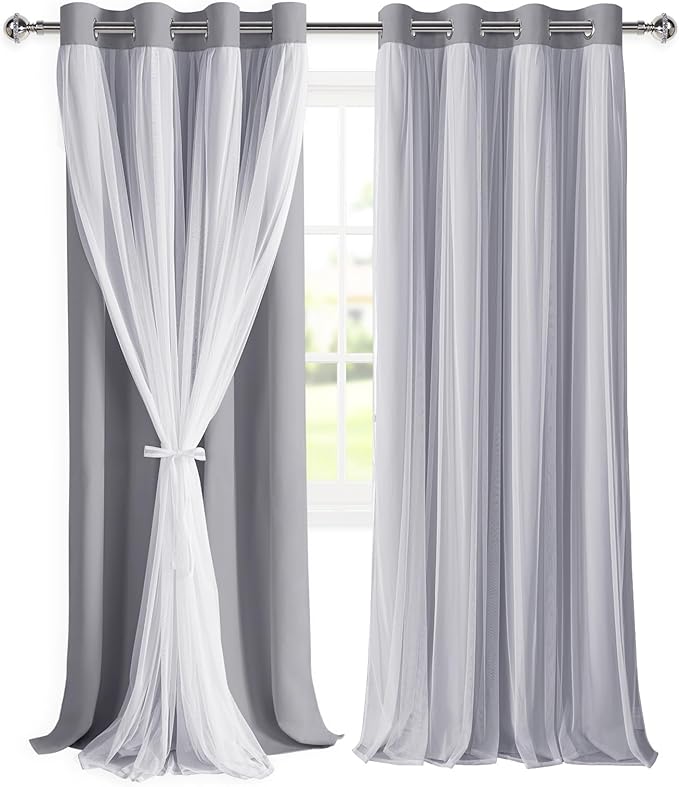 DWCN Layered Curtains for Living Room Blackout and Sheer Curtains with Tiebacks Grommet Top Window Curtain Panels with Sheer Overlay for Bedroom, 52 W by 96 L, Grey, 2 Pieces