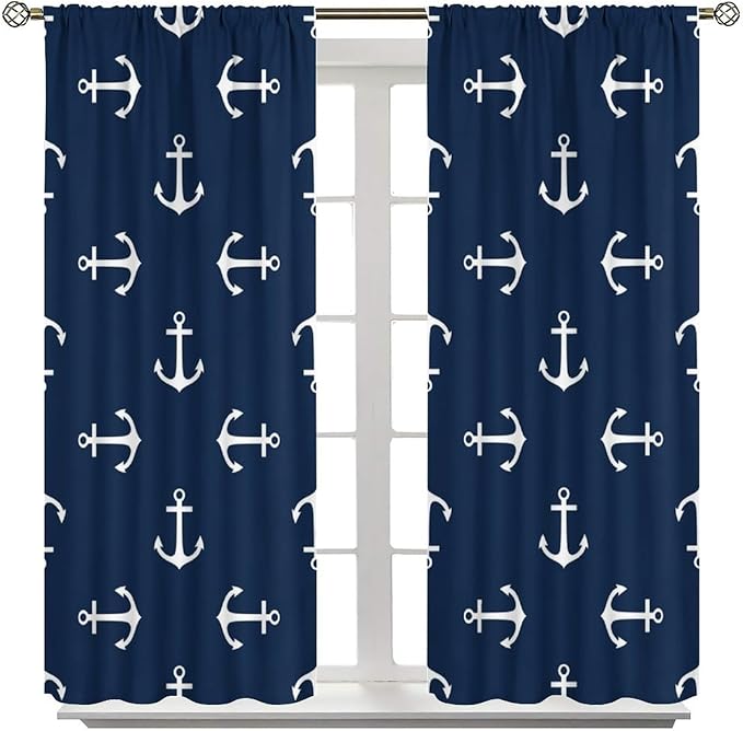 Nautical Curtains,MarineThemed Oceanic Anchor Pattern Blackout Print Home Bedroom Living Room Window Treatments 2 Panel Set 42x54 Inch