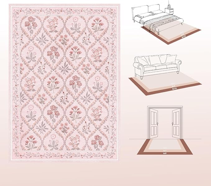 Small Throw Rug for Bedreoom 2x3 Washable Boho Aesthetic Pink Floral Non Slip Cute Area Rug for Side of Bed Teen Girls Room Kitchen Bathroom, Pink Multi