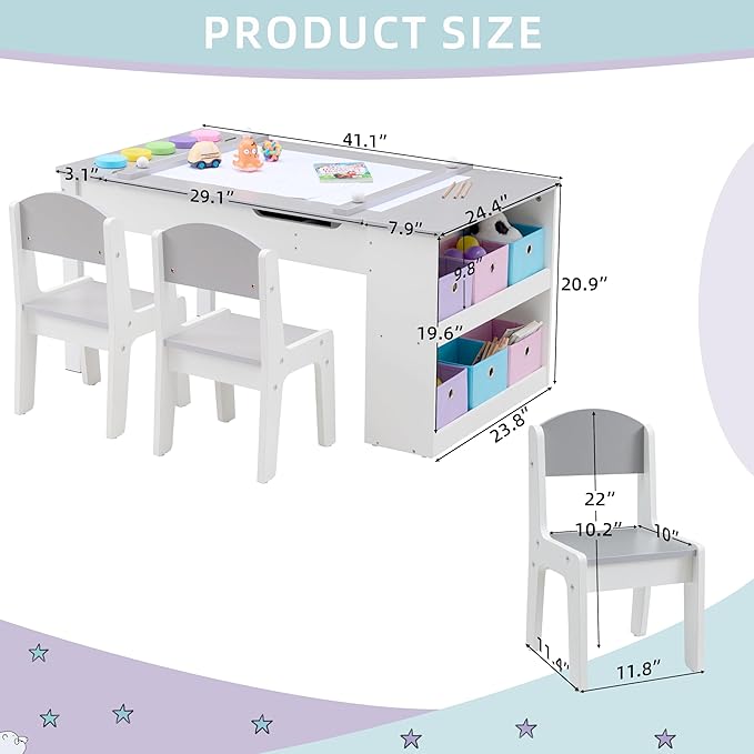Kids Art Table and Art Easel Table & 2 Chair Set, 2 in 1 Toddler Craft and Play Wood Activity Table with Storage Bins and Paper Roll (Grey & White)