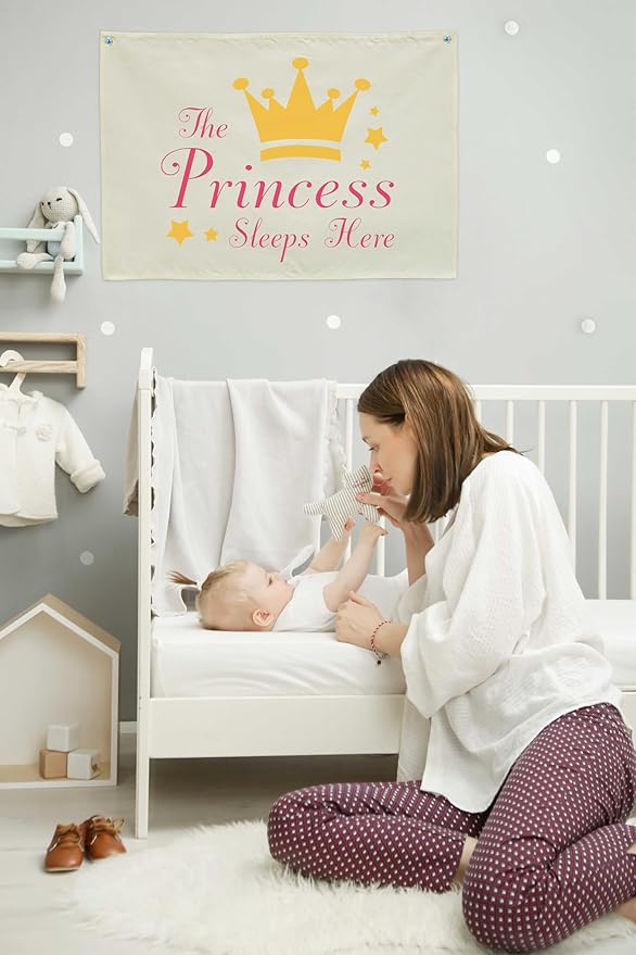 the Princess Sleeps Here-Rectangular Banner Flag Poster Wall Decor for Baby Girl Kids Teen-Nursery Above Crib Bedroom Door Wall Sign Decorations-Girl Present-Birthday Baby,Shower Christmas Gift