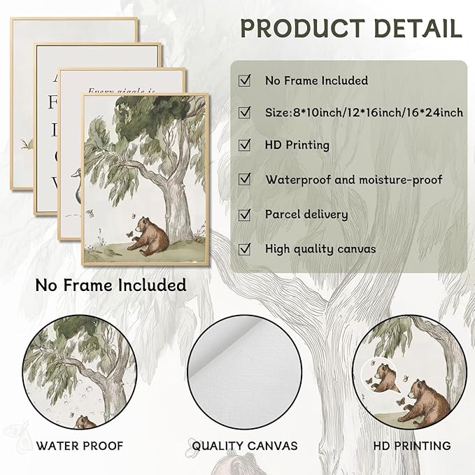 Nursery Gallery Wall Art Animal Canvas Prints Vintage Rustic Poster Set for Kids’ Room Decor Alphabet Inspirational Quotes Wall Art Neutral Baby Room Painting Unframed16x24 Inches