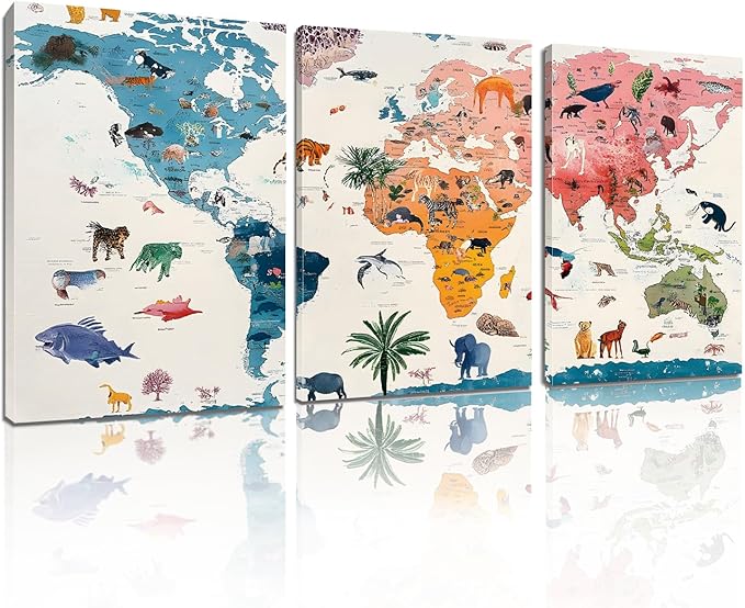 Hotuijxca Animal World Map Wall Art, Nursery World Map Canvas Wall Art, Nursery Animal Maps Wall Decor for Living Room, Bedroom, Children's room (24" x 36" x 3 pcs)