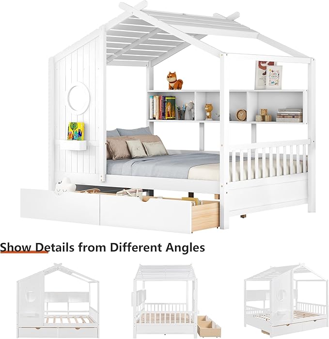 Full Size Bed Frames for Kids, House Bed with Window and Fence, Wood Platform Bed Frame with Drawers and Shelves, Playhouse Bed for Boys Girls, White, 78" L x 58" W x 72" H