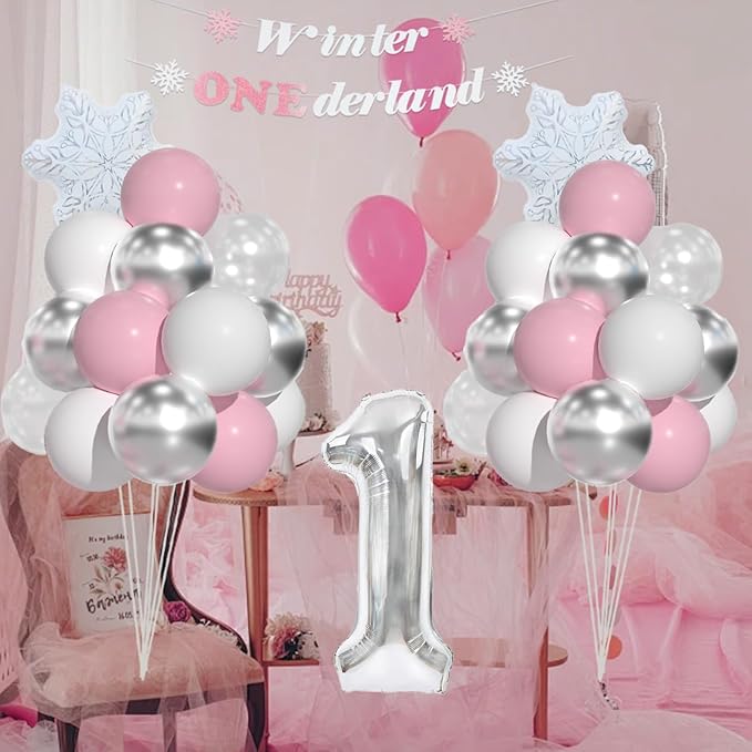 First Birthday Decorations For Girl-Girl Winter Onederland 1st Birthday, Pink White Snowflake Balloons, 40 Inch Silver 1 Balloon And Winter Onederland Banner For Baby Girl 1st BD Decorations