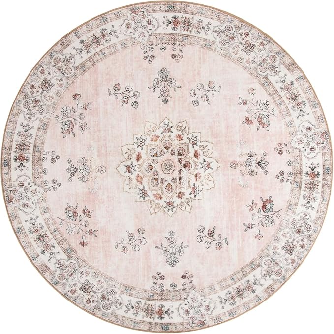 Lahome Washable Pink Round Rug 4ft, Soft Europe Vintage 4x4 Circle Rug for Nursery Girls Bedroom, Non-Slip Floral Pastel Circular Carpet for Living Room Indoor Floor Home Office Decor