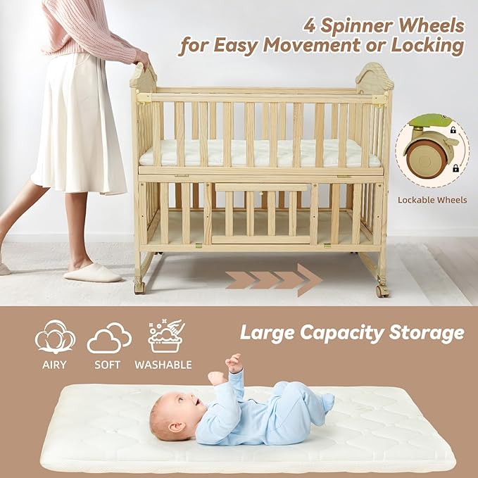 Portable Mini Baby Crib - Cunas para Bebes with Changing Shelf and Mattress Included,2025 Wheeled Wood Baby Bassinet,Bassinet Bedside Co Sleeper for Small Room,Unpainted