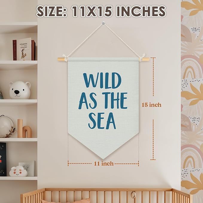 Wheatwin Ocean Nursery Decor, Wild As the Sea Blue Wall Hanging Pennant Flag Banner, Coastal Beach Wall Decor for Kids Boys Girls Toddler Nursery Room Bedroom Playroom 15x11 Inch