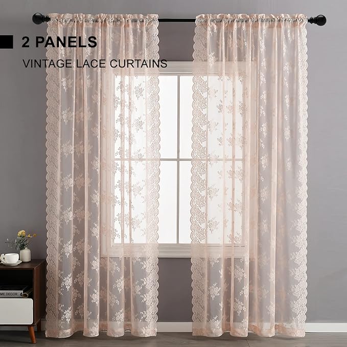 Kotile Blush Pink Lace Curtains for Bedroom, Country Floral Embroidered Vintage Sheer Lace Curtains 45 Inch Length 2 Panels Set, Rod Pocket Privacy Scalloped Lace Window Curtains, Each 52 x 45 Inch