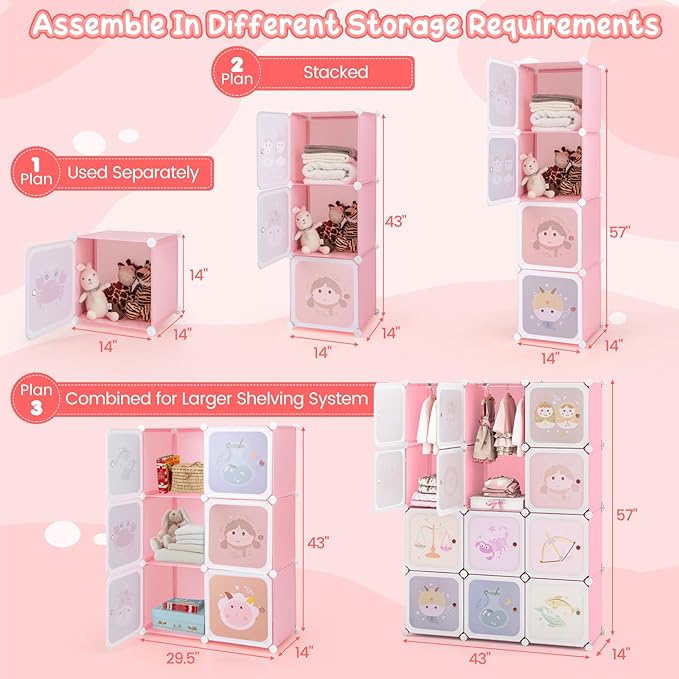 Costzon Kids Closet, Cartoon DIY Modular Dresser Storage Organizer with 12 Cubes & 2 Clothes Hanging Rack, Portable Armoire for Baby Toddlers, Kids Wardrobe for Bedroom Nursery