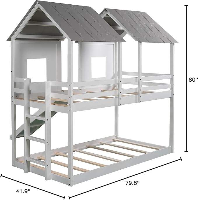 Twin Over Twin Wood House Bunk Bed with Slide and Windows, White