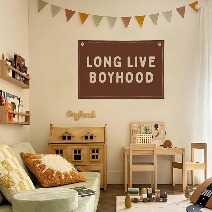 Long Live Boyhood Linen Banner – Boys Room Wall Hanging, Playroom & Nursery Decor, Toddler Room Flag, Aesthetic Boys Bedroom Sign – Chocolate Brown