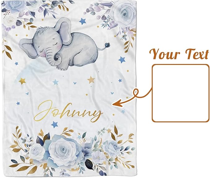 Personalized Baby Blanket for Boys Girls, Custom Baby Blanket with Name, Flannel Blue Elephant Blanket Personalized Gifts for Kids Newborn Infant, Ideal for Birthday Baby Shower(60" x80)