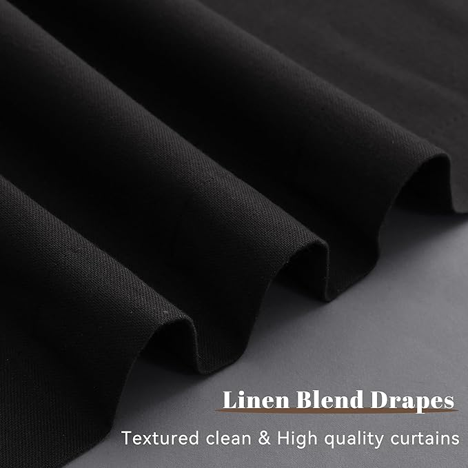Guken Black Linen 100% Blackout Curtains for Bedroom 84 Inch Length 2 Panels Back Tab Hook Belt Light Blocking Thermal Insulated Noise Cancelling Linen Textured Living Room Dining Room 52x84 7Ft
