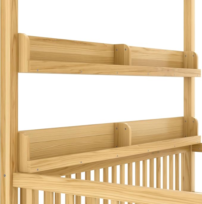 Bellemave Twin Size Canopy Bed with Guardrails and Door, Wood Floor Bed with Shelves for Toddlers, Built in 4 Poster Design,Montessori Bed for Kids,Boys,Girls,Easy Assemble(Twin,Natural)