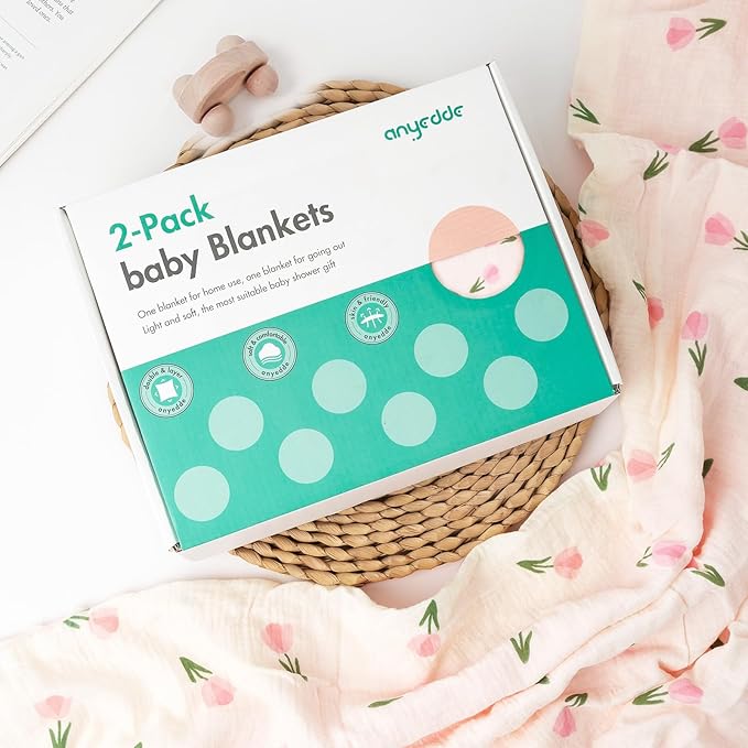 2-Pack Baby Blankets with Muslin Cotton and Minky Dots for Toddler Girls - Super Soft Baby Minky Blanket, Pink Floral Printed Blanket for Newborn, Cozy and Lightweight