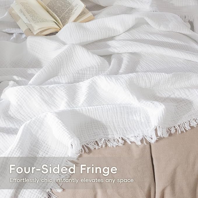 MooMee Muslin Blanket - 100% Cotton 4-Layer Gauze Throw Blanket with All-Around Fringe, Ultra-Soft Breathable Lightweight Cooling Decorative for Bed, Sofa & Couch (Bright White, Queen 90" x 90")
