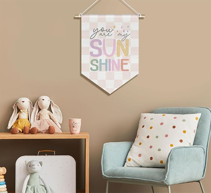 You are My Sunshine Kids Room Nursery Wall Art Decor Cavas Prints Hanger, Boy Girls Toddler Room Playroom Decor, Pink and White Checkered Pennant Flag, 15x11in
