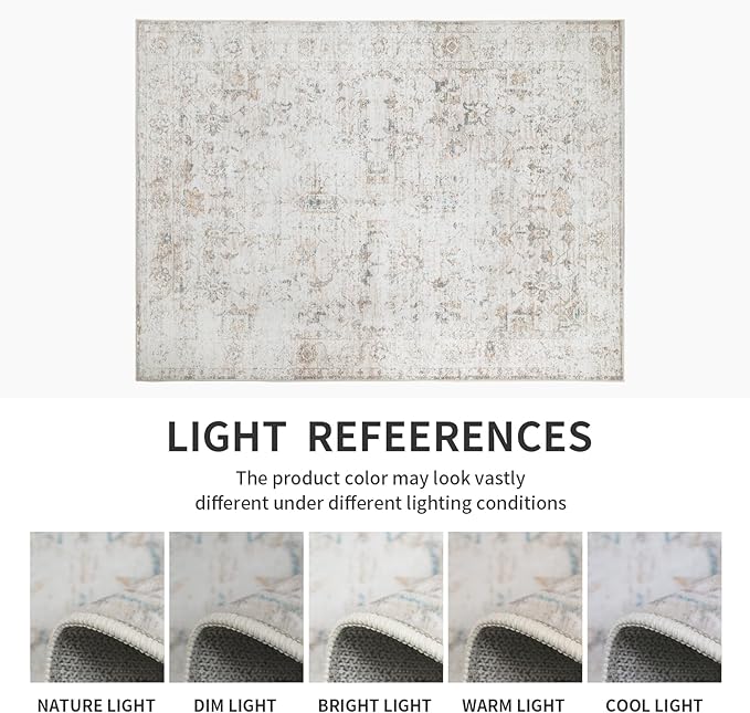 Washable 8×10 Area Rug for Living Room, Vintage Floral Rug Soft Non Slip Stain Resistant Boho Carpet for Bedroom Dinning Room Home Office Beige