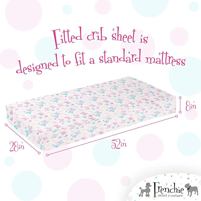Frenchie Mini Couture, Fitted Crib Sheet Single, 100% Woven Cotton, Toddler Fitted Sheet, Fits Standard Size Baby Mattress 28 x 52 x 8in, Butterfly (White)