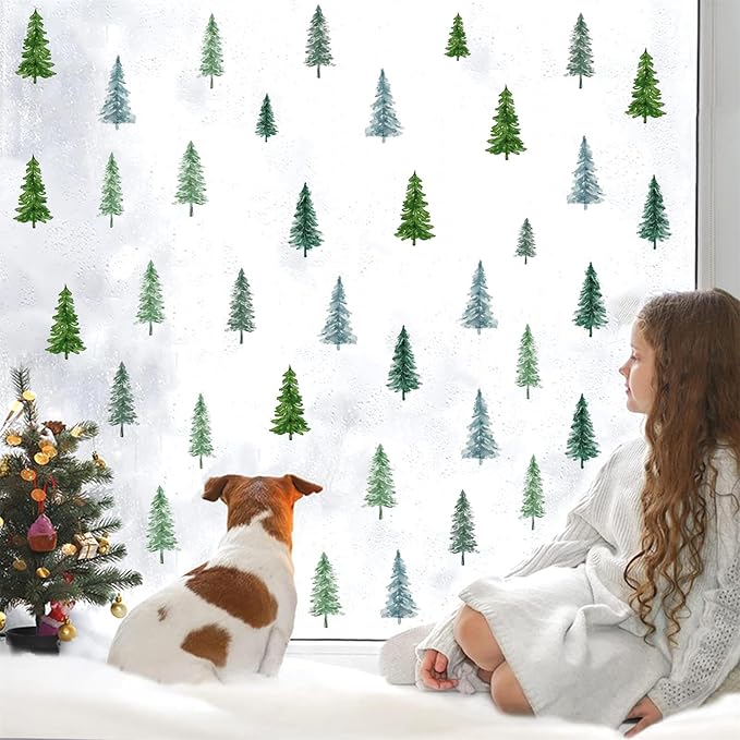 Small Pine Tree Wall Sticker Watercolor Green Tree Window Decals Forest Pine Window Stickers Green Trees Wall Decals Peel and Stick Small Pines Wall Stickers for Nursery Bedroom Kids Room Decor