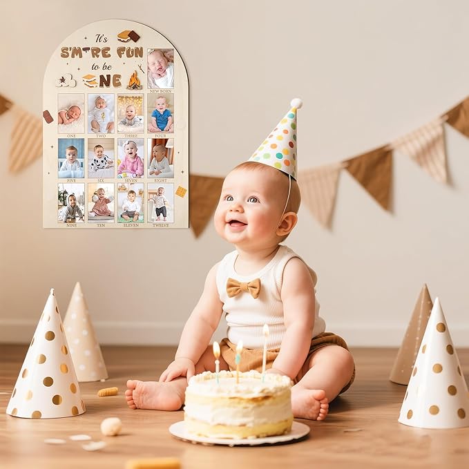 R HORSE My First Year Photo Display Wood Board - 3D S'mores Baby's First Year Picture Frame, 12 Months Camping Campfire Milestone Board Baby Keepsake Gift 1st Birthday Nursery Decor for Boy Girl