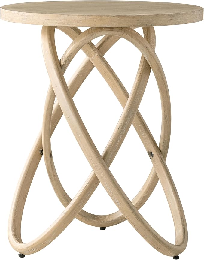 Round End Table Farmhouse Wood Side Table Rustic Plant Stand with Intertwined Line Design for Living Room, Office, Light Wood Color