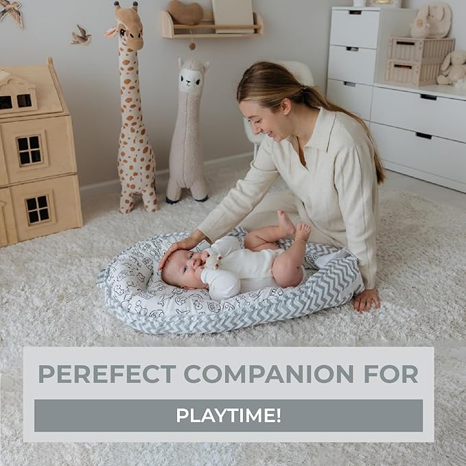 Baby Lounger | Organic Cotton Infant Lounger | Reversible, Adjustable & Portable Floor Lounger |Supervised Use | Soft, Breathable, Washable Cover - Star Collection (Travel Gray)