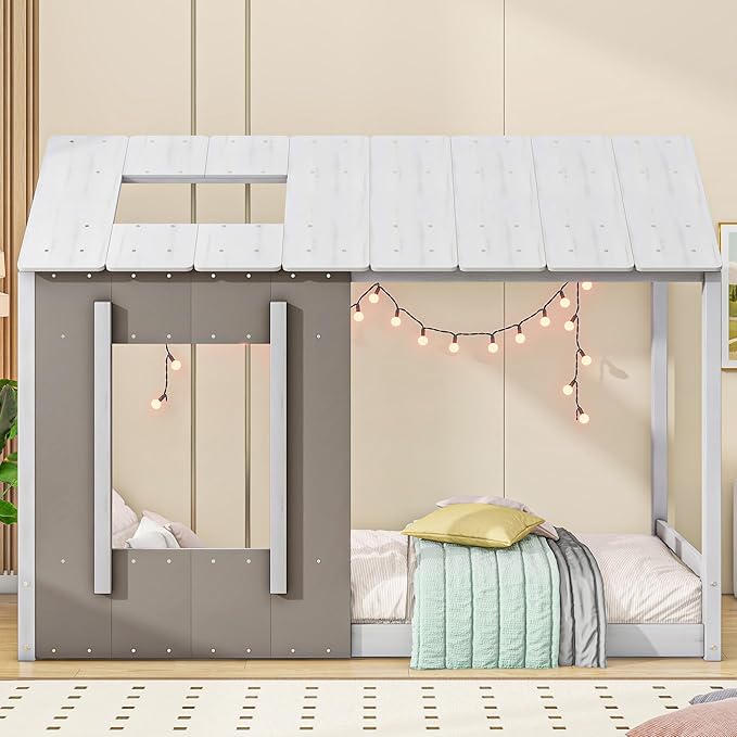 Twin Size House Platform Bed with Roof and Window,Modern Bedroom Wood Bed Frame W/No Box Spring Required,Easy to Install,for Girl Boy Kid,White+Antique Grey