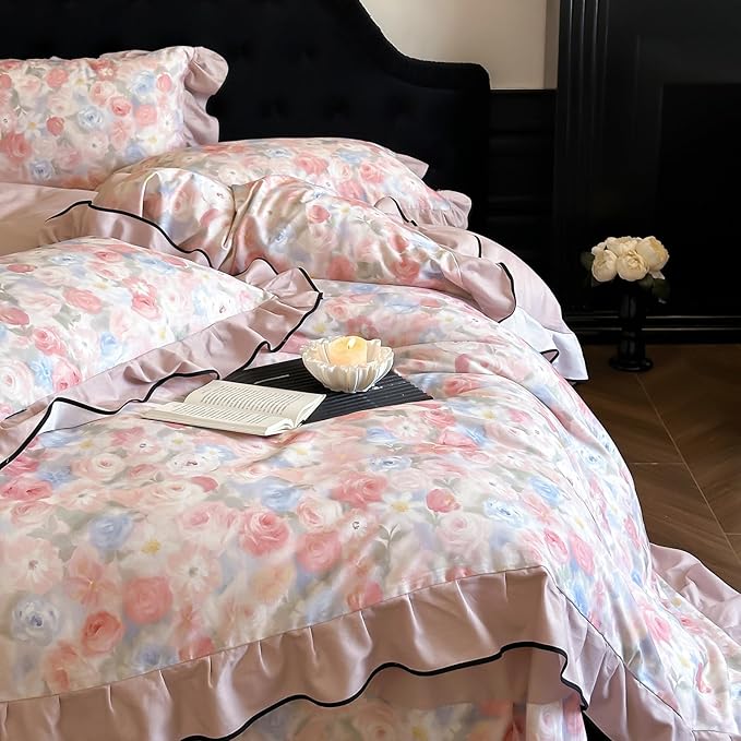 HighBuy Luxury Ruffled Duvet Cover King with Pink Floral Ruffle Edge,Soft Brushed Cotton Floral Bedding Set for Women Girls,Chic Farmhouse Comforter Cover Set,1 Duvet Cover and 2 Ruffle Pillowcase