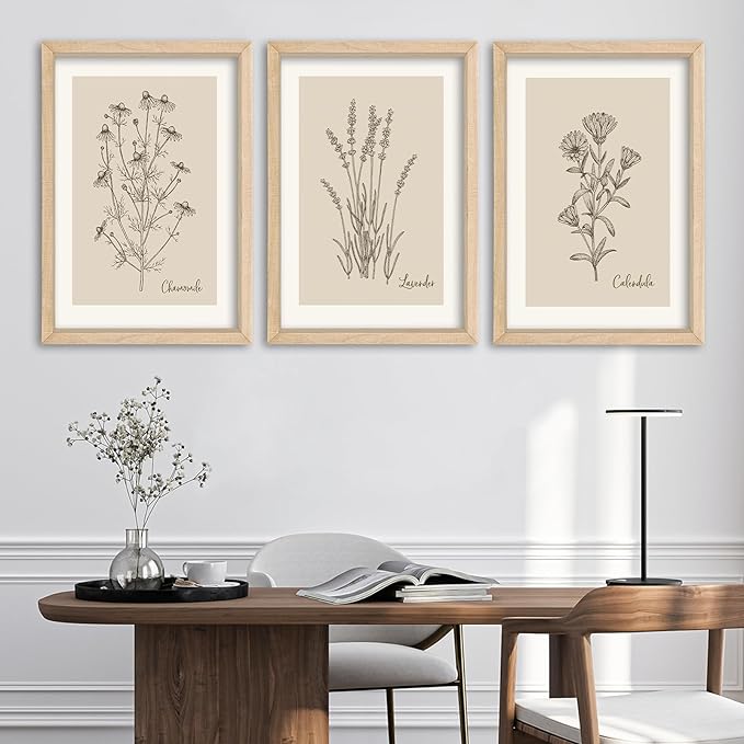 YWJKWLGS Vintage Botanical Wall Art 11x16 Inch Set Of 3 Wooded Framed Minimalist Rustic Wildflower Pictures Floral Sign Bedroom Wall Hanging Decor (Wood)